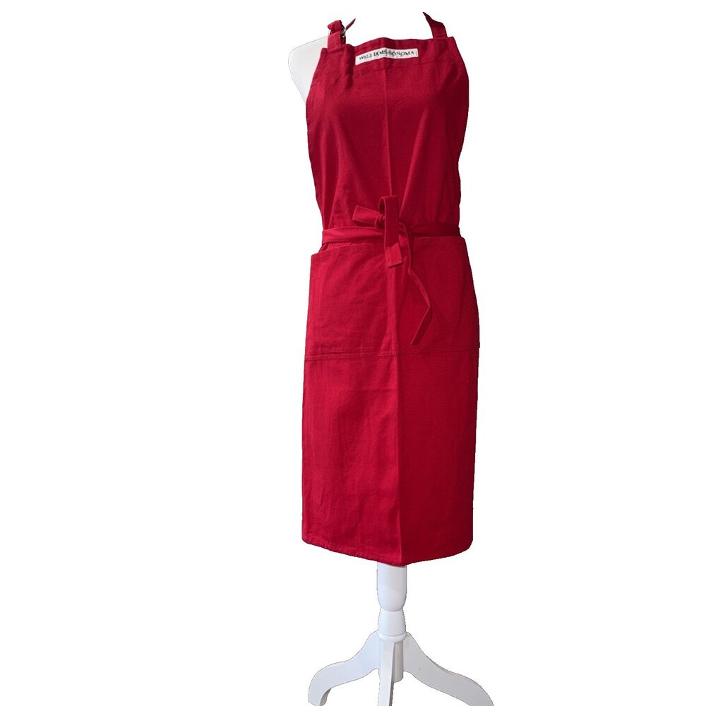 Williams Sonoma Red Cotton Apron Made USA Chef Baking Cooking Kitchen Restaurant